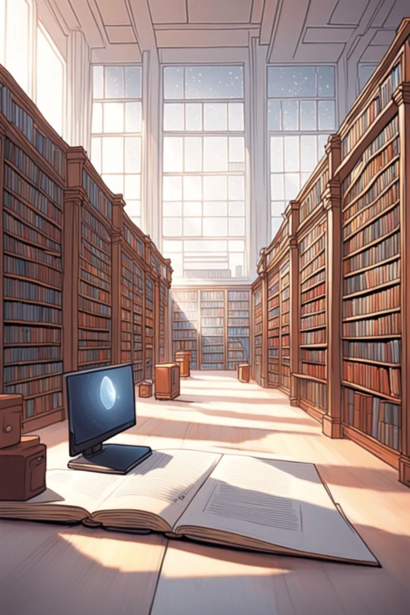 Library, state-of-the-art computers, book search. High-quality drawing, 8K