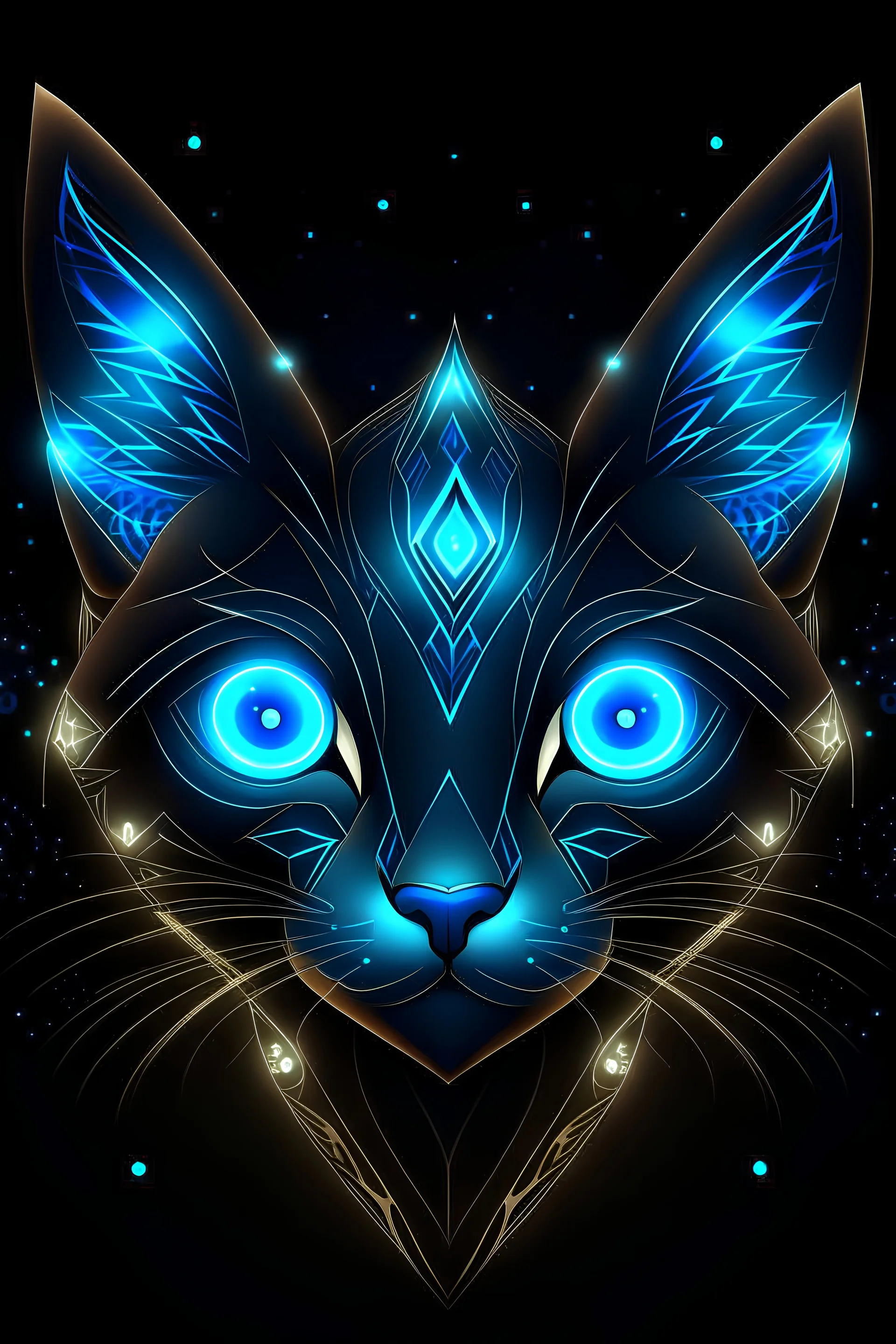 The eyes are large, almond-shaped, and emit a soft, bioluminescent glow, revealing a keen intelligence. The pointed ears feature a blend of geometric patterns, enhancing both aesthetic beauty and communication capabilities. Instead of fur,antenna-like