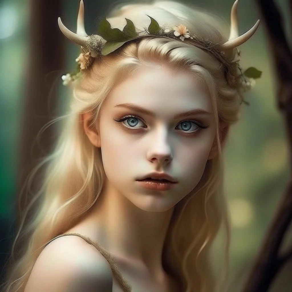 pretty girl, aged 19, blonde, conventionally attractive, dreamy, faun, satyr