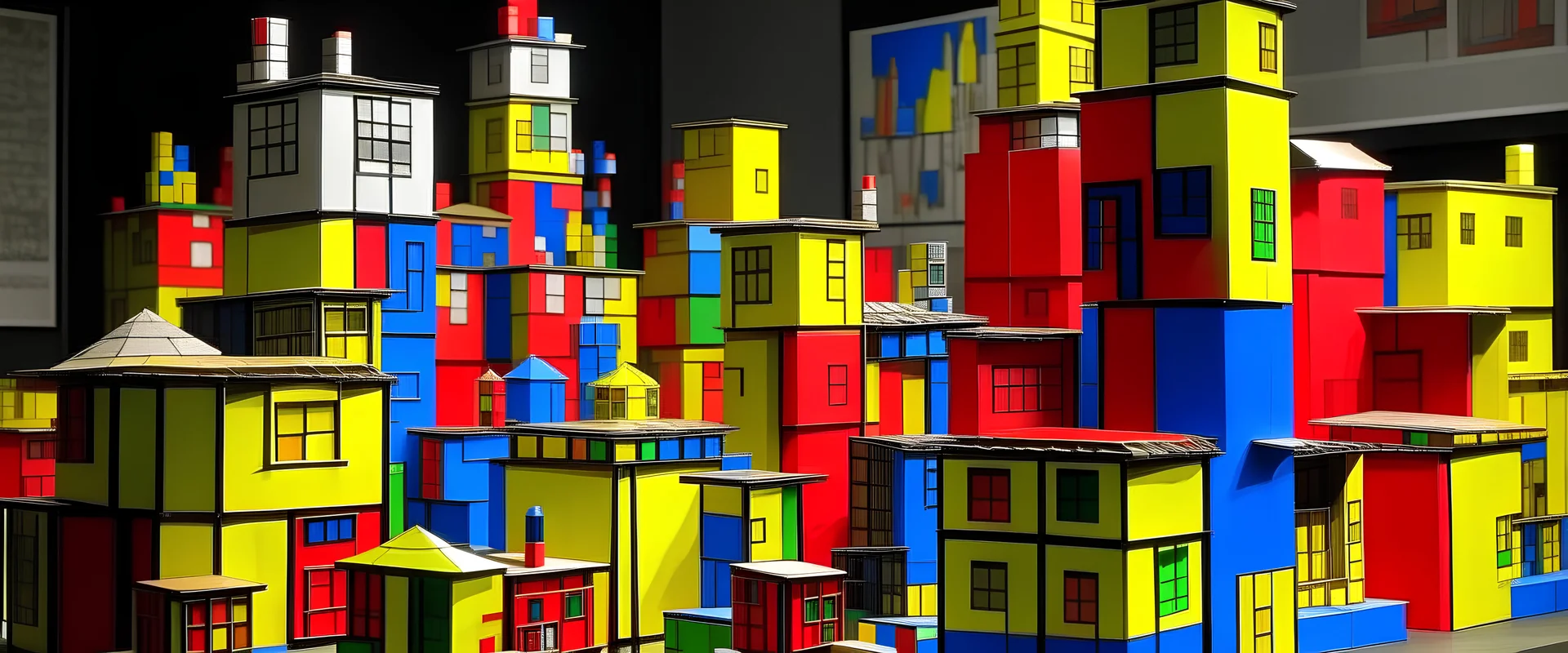 A town made out of toys painted by Piet Mondrian