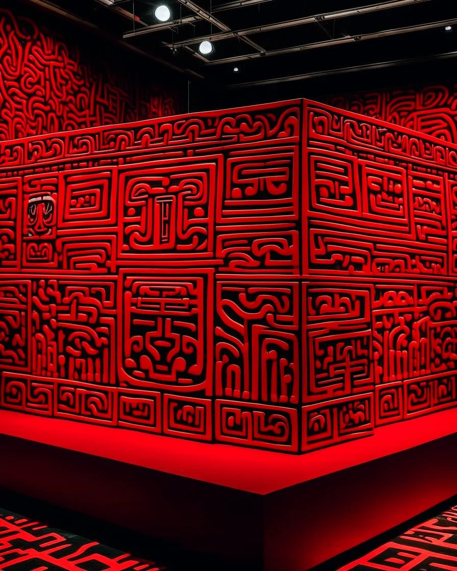 A dark red Chinese volcanic palace painted by Keith Haring