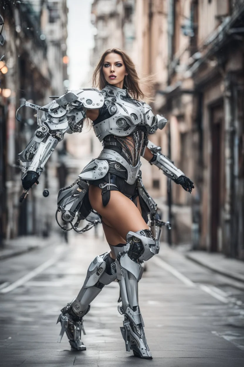 Photography beautiful woman as cyborg dancer wearing dress full mechanical,dancing on street