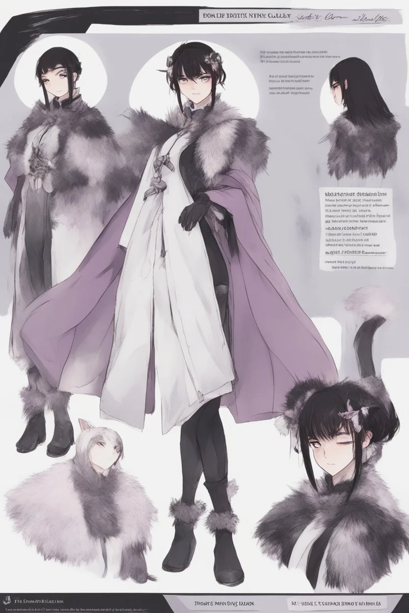 A dnd character sheet. A woman dressed for the cold north in black and white furs, with black hair and lilac eyes.