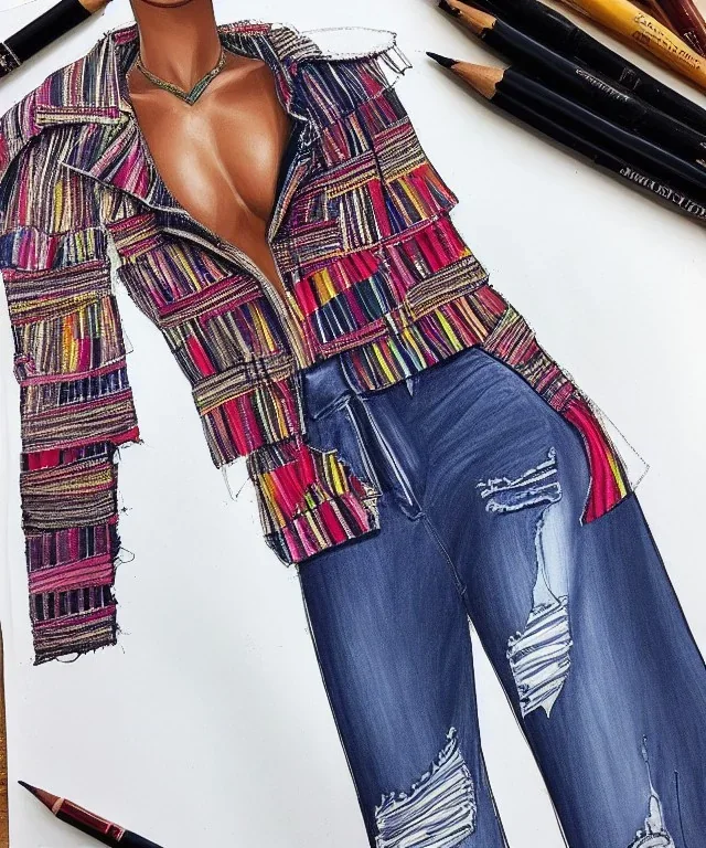 Fashion illustration, fashion drawing, Croquis, Hussein Suleiman, Jefferson Osei, Abderrahmane Trabsini, Fenty, mudcloth denim jacket, kente cloth ripped jeans, flare leg, African American model