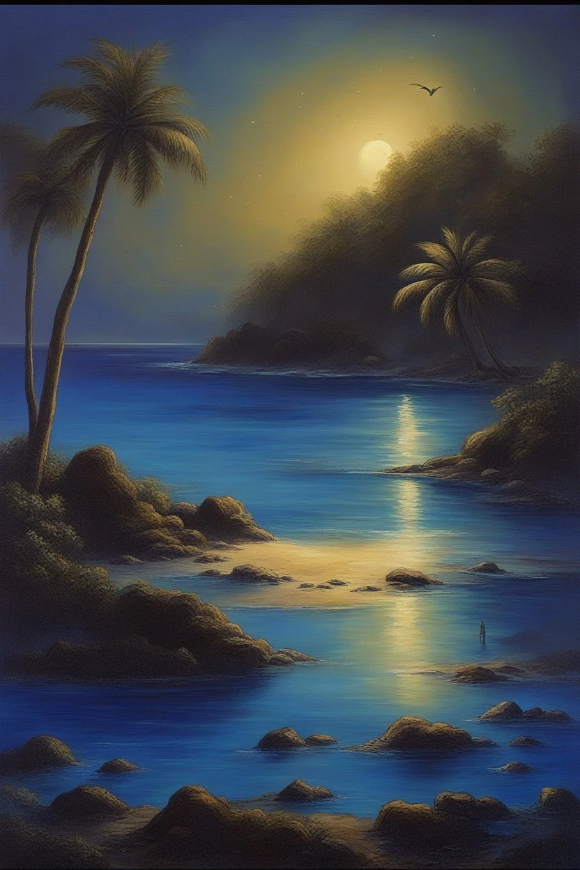 The beach of the island of Leela its waters are full of blue stars illuminated by blue light Oil painting