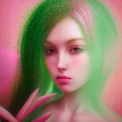 fairy, pink, green, beautiful, hyperrealism, masterpiece, expert, volumetric lighting, sharp focus, 8K, pastel, macro lens, woman, detailed