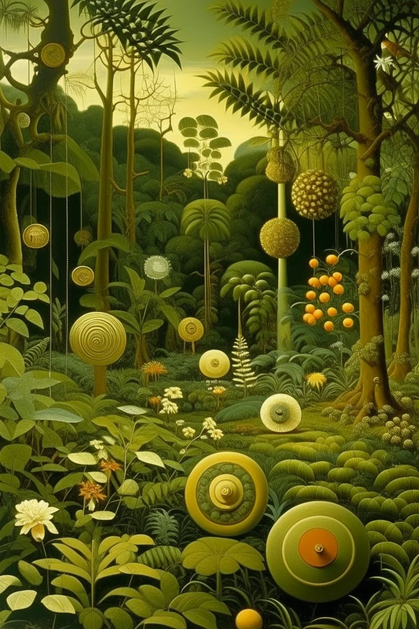 An olive green jungle with yo-yos painted by Edward Hicks