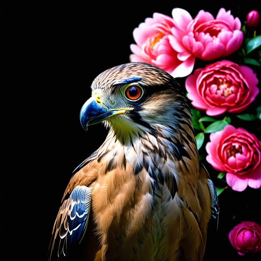 Adobe Prompt: a head study of a bird of prey, side view, surrounded by beautiful peonies, beautiful light, romantic setting, sharp look, shiny feathers, glamour glow, small depth of field. Black background.