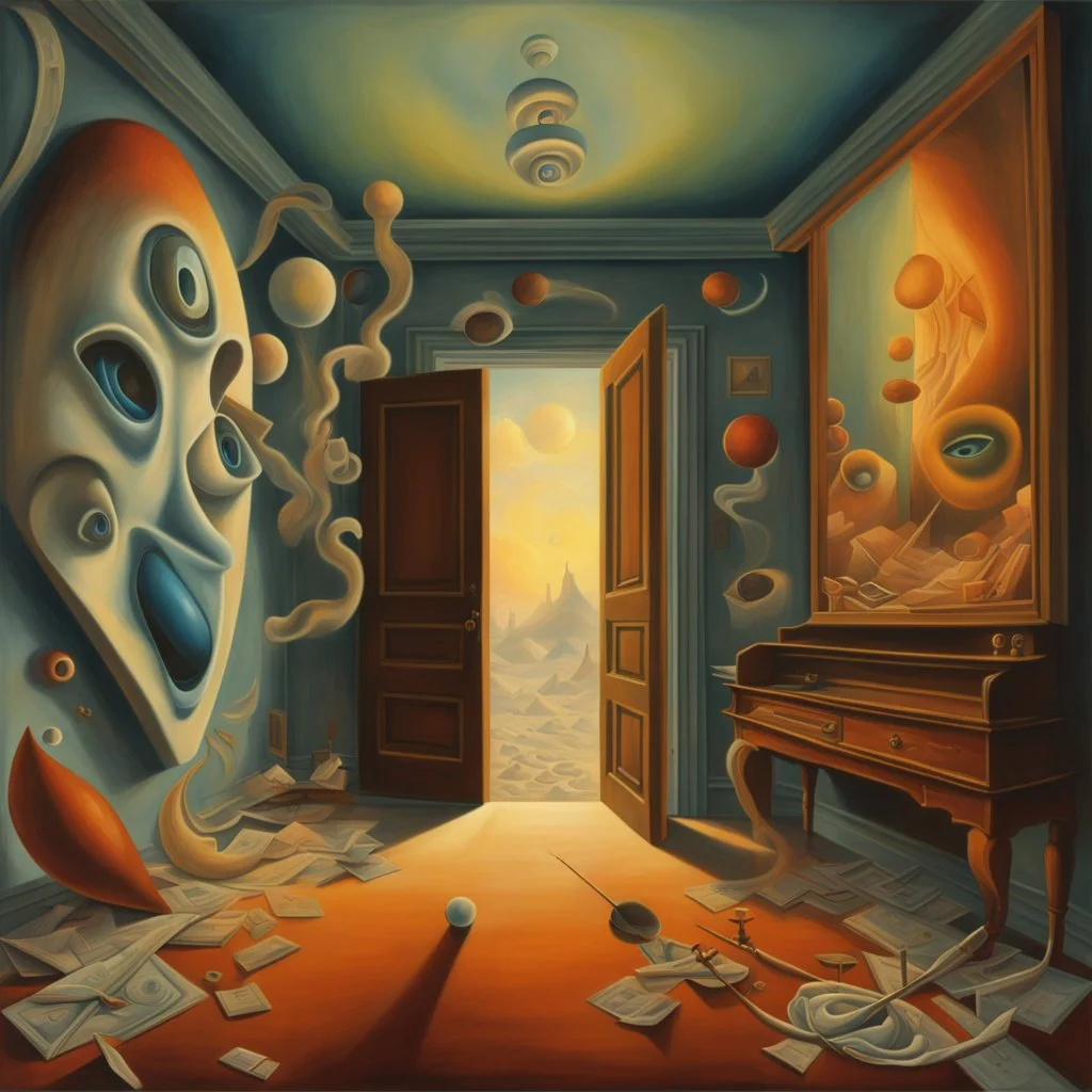 Surreal room of fractured reality where door is open to know-where, floating lurid masks, colorful hallucinatory geometry, surrealism, by Vladimir Kush, by David Seidman, by Yves Tanguy, relentless macabrely fascinating pronounced sense of the strange, thick haze of the liminal congealing into a bomb.