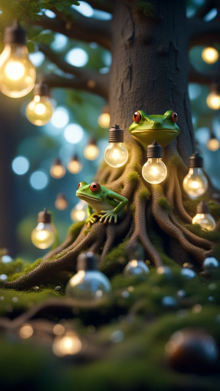 a huge tree growing light bulbs and frogs,bokeh like f/0.8, tilt-shift lens 8k, high detail, smooth render, down-light, unreal engine, prize winning