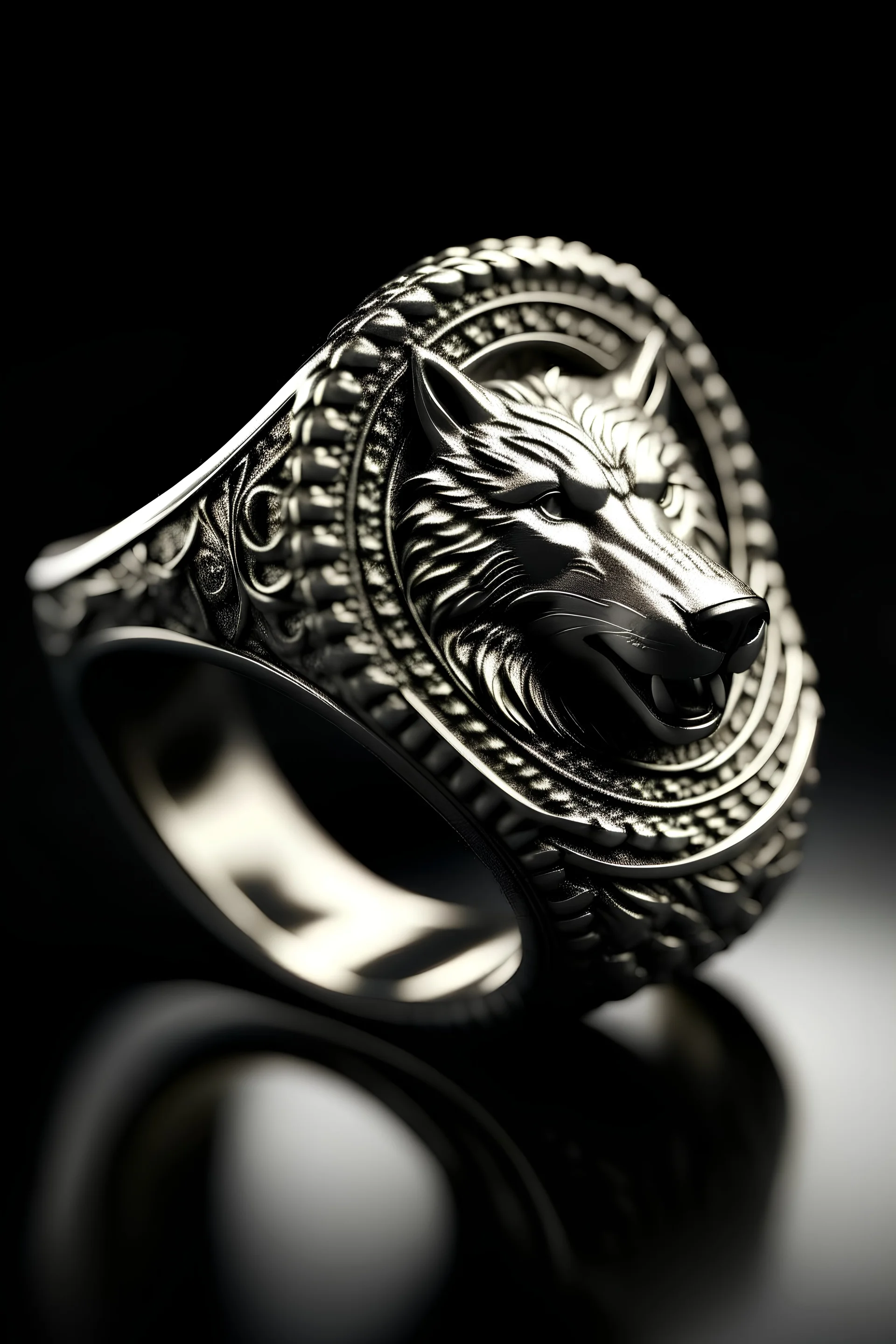Silver Direwolf signet ring, collector's item, clean background, studio lighting, product photography, ultra-high definition, 8K, hyper-realistic, winning design, 3d render