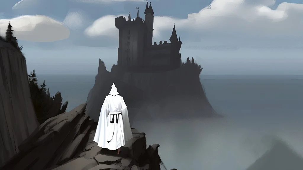 Sorcerer in white robe and hood approaches castle on a cliff