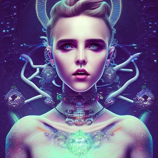 singer Danish MØ face, cyberpunk, crystals, darkblue tones,Dryad,bright,