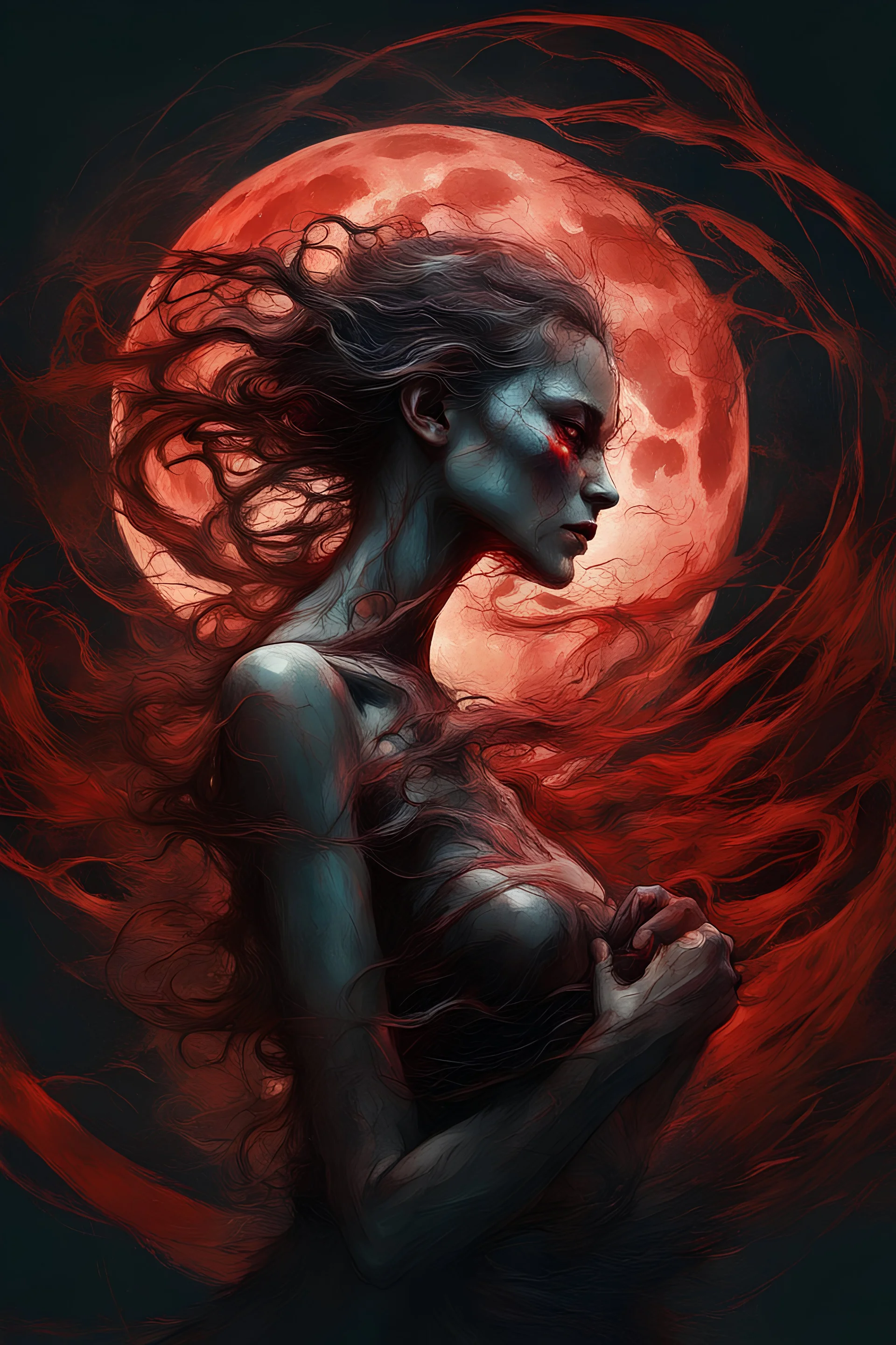 A dramatic digital painting portraying a figure under the Red Moon, veins pulsing, claws of temptation visible, soul in turmoil. In the style of Giger and Salvador Dali and Van Gogh, vivid colors, swirling brushstrokes, highly detailed, 8k resolution, surrealistic., by Ryohei Hase, Agnes Cecile, Raymond Swanland, Anne Bachelie