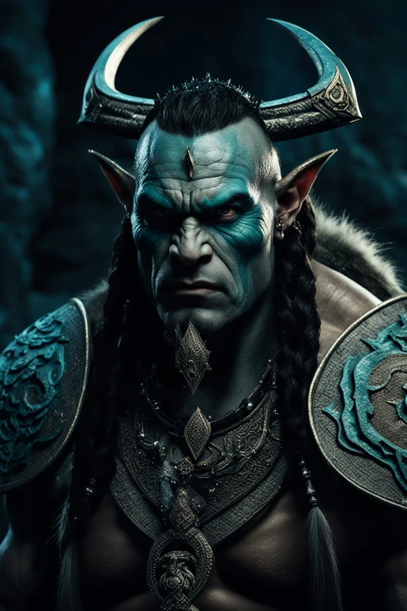 portrait of an orc king with grey skin. Tribal Tattoo. Dark braided hair and ice blue eyes. He's smirking. Half of his head is shaved. wearing jewellery. Carrying a battleaxe. High resolution. 4K. 8K. Dark Fantasy style. Cave in the background