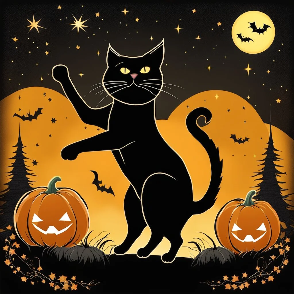 black cat on Halloween dancing with pumpkins in the photo of the starry sky