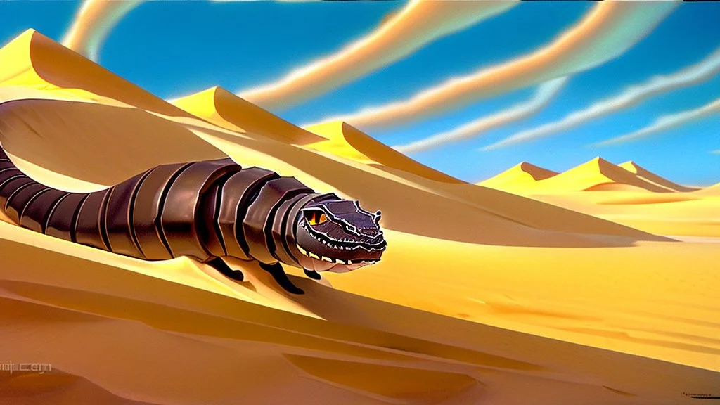 In the desert in the dunes a large sandworm full screen