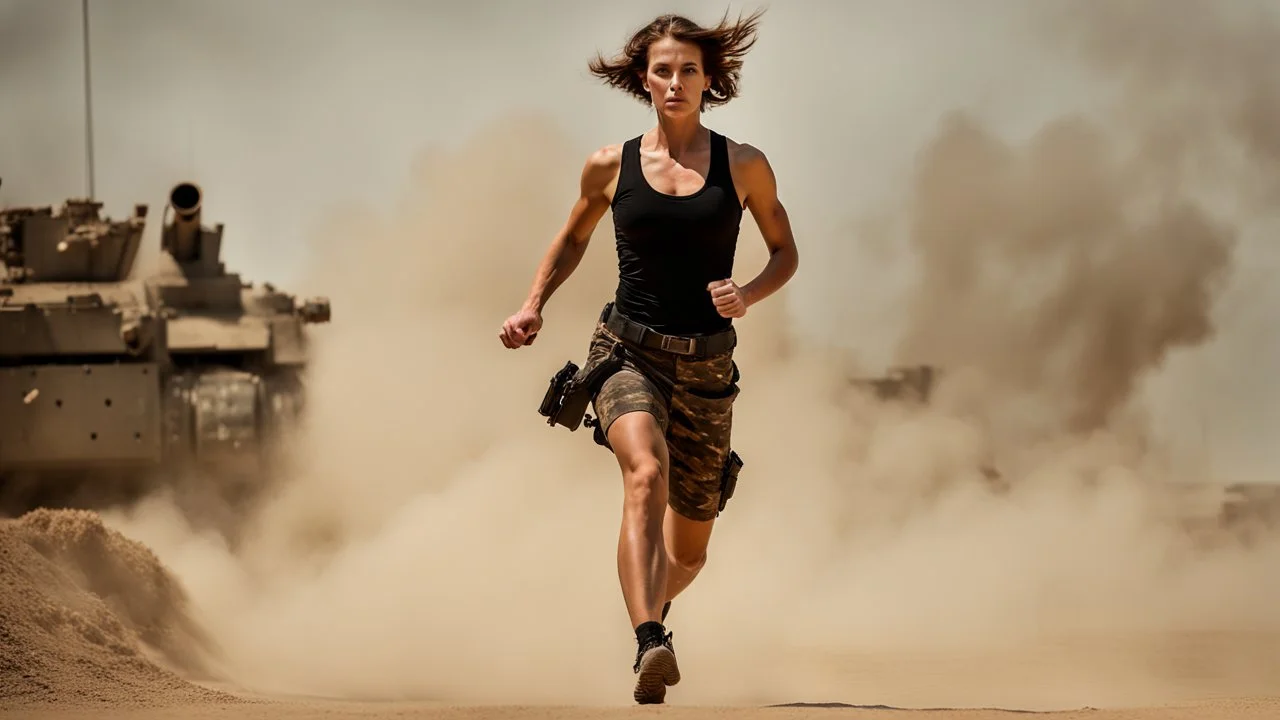 beautiful slender caucasian female technician, black tank top, knife-fighting a giant soldier, running, well toned muscles, weathered face, scratched sand camo metal details, short brunette wavy bob haircut, dystopian, desert scene with smoke and explosions,