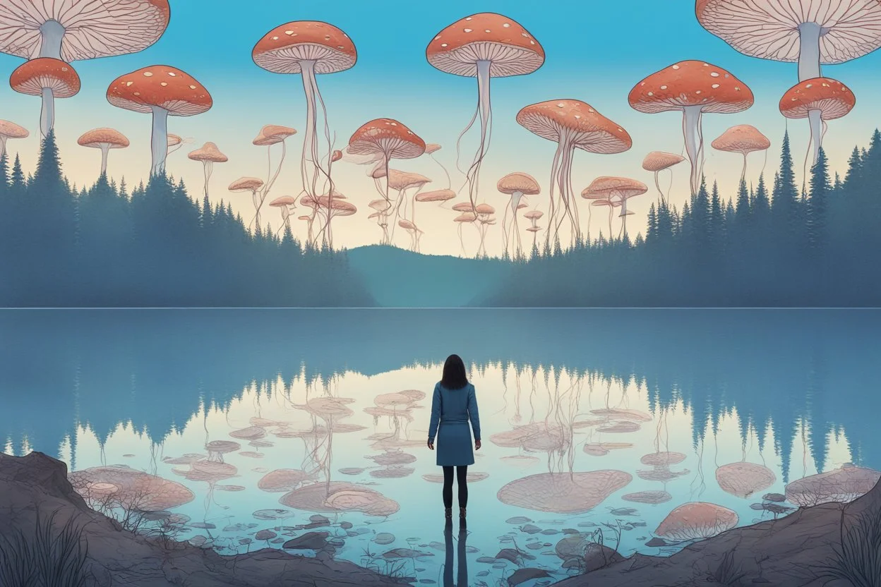 woman standing next to a lake looking at flying mushrooms, with jellyfish tenacles in a blue sky