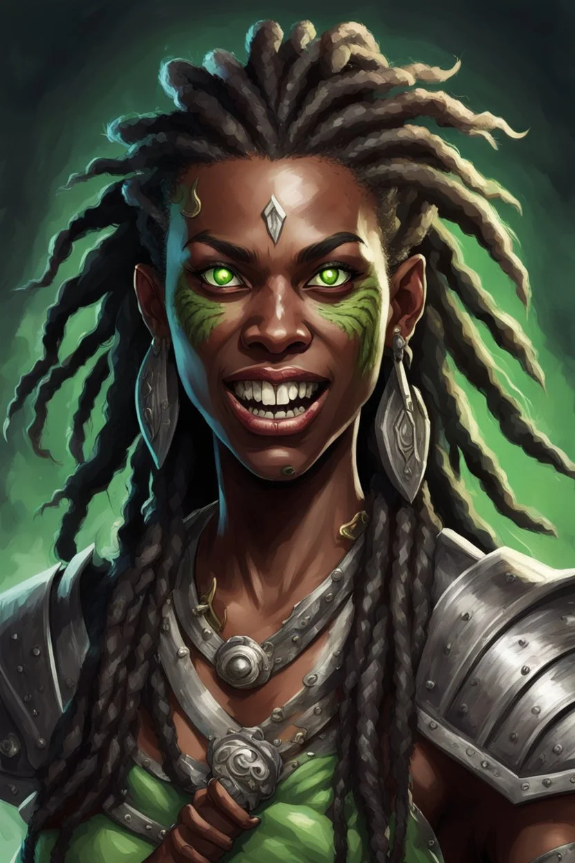 dungeons and dragons character portrait of a shifter female warrior with black skin, dreadlocks, big fangs and green eyes.