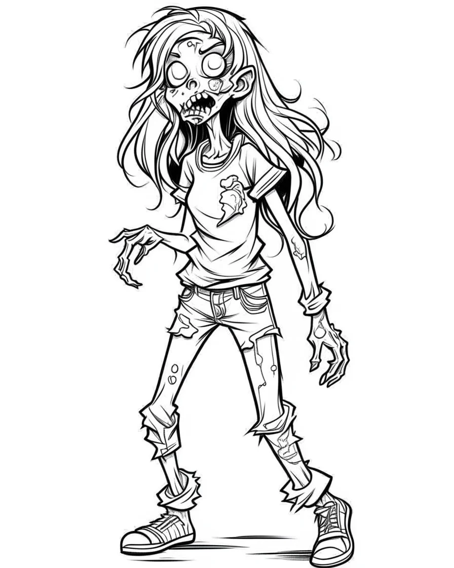 cartoon girl zombie, coloring image, full body (((((white background))))), only use an outline., real style, line art, white color, clean line art, white background, Sketch style