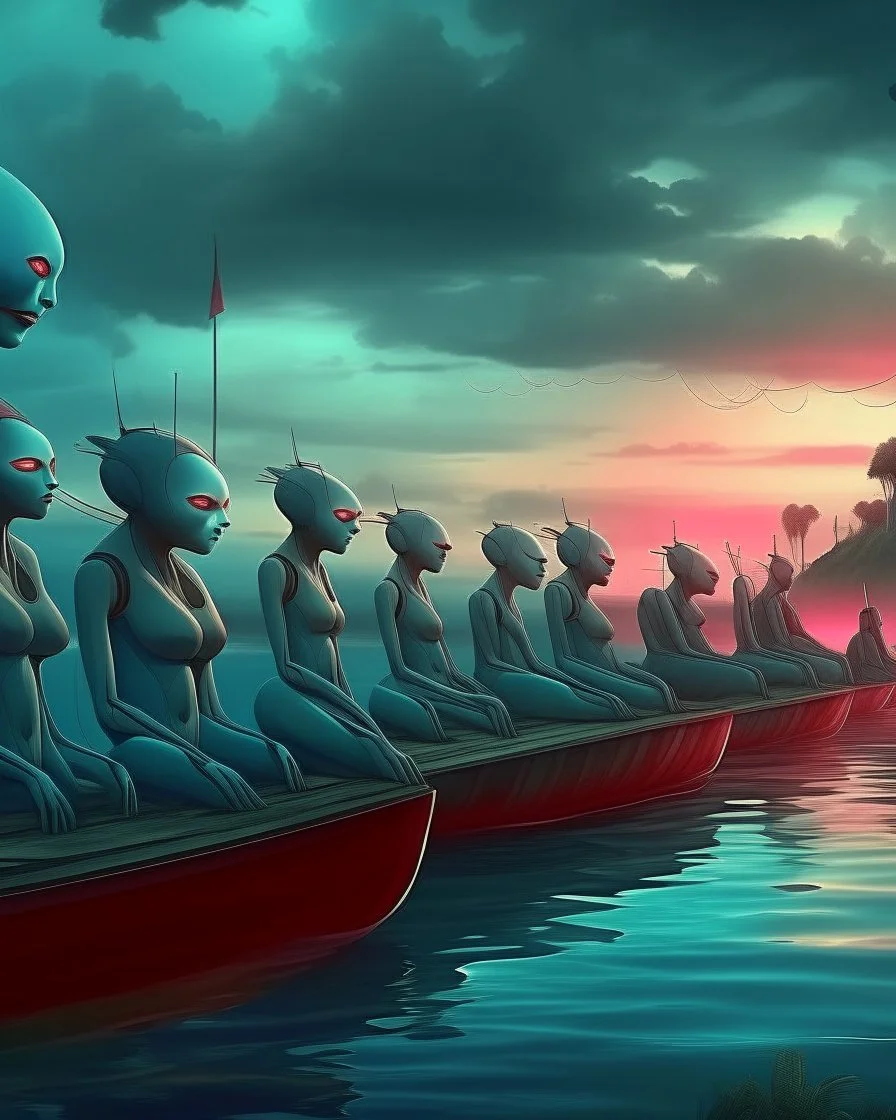 Bosch painting style, nightmare , an Ai robots sitting lined up in line one after another holding The boat's oars , great quality picture with cinematic scenes , heavy clouds in the background