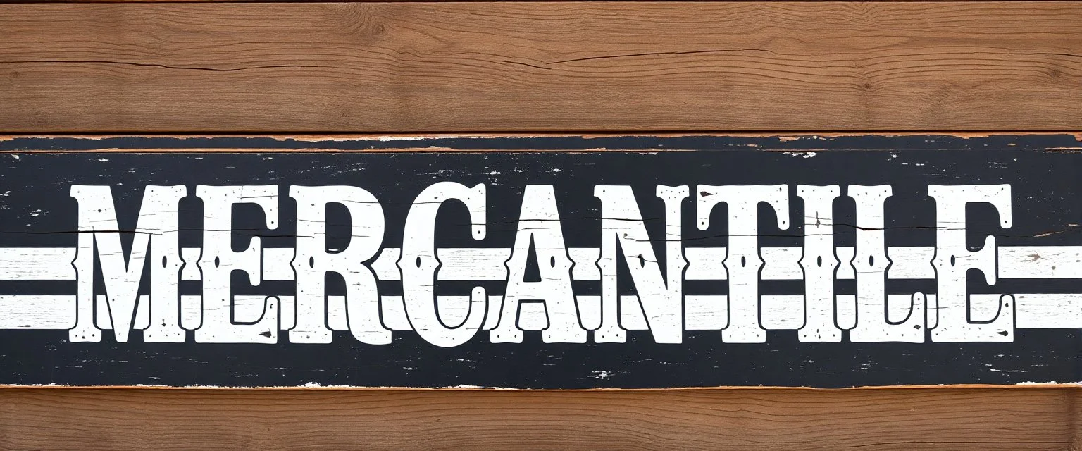 fill composition with large and wide hand painted old western sign that reads: "MERCANTILE" white on black with inset white stripe boarder aged paint on wood sanserif