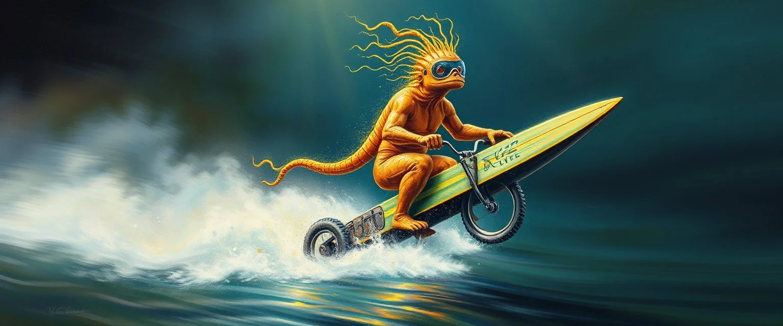 airbrush and pen outline, master oil painting by Rembrandt, viggo sandvik as insane eel wild ginger robot on surfboard boat trike , goa trance glitch poster, background motion blur, volume fog with light rays