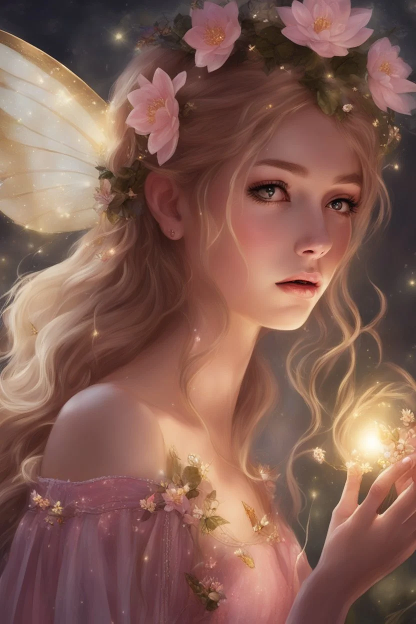 Blonde hair ,Pink dress,Sparkling fairy wings,Very long golden hair,Fairy crown,pointed ears,elven ears,fairy wings,water lilies,sparkling,glittering,flowers,blossoms,golden crown,light pink dress