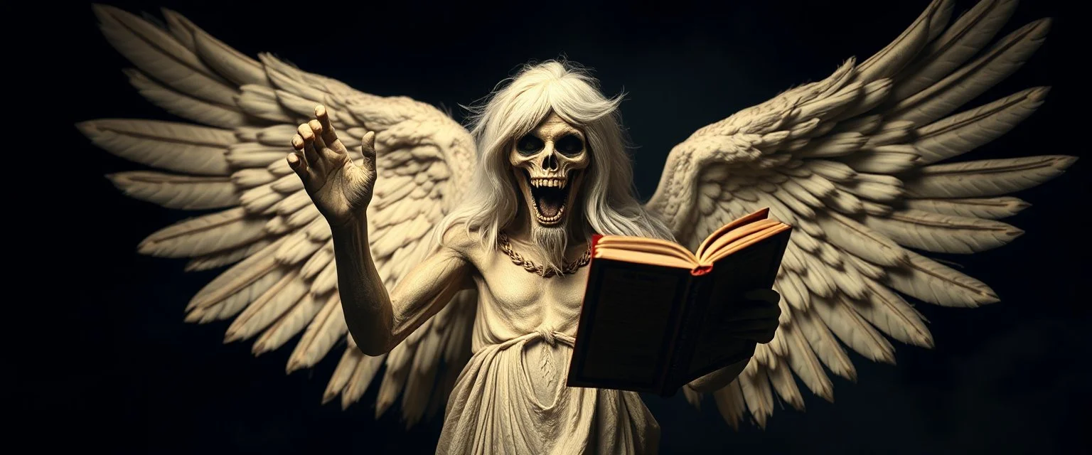 scary angel creature like in the bible holding up a bible