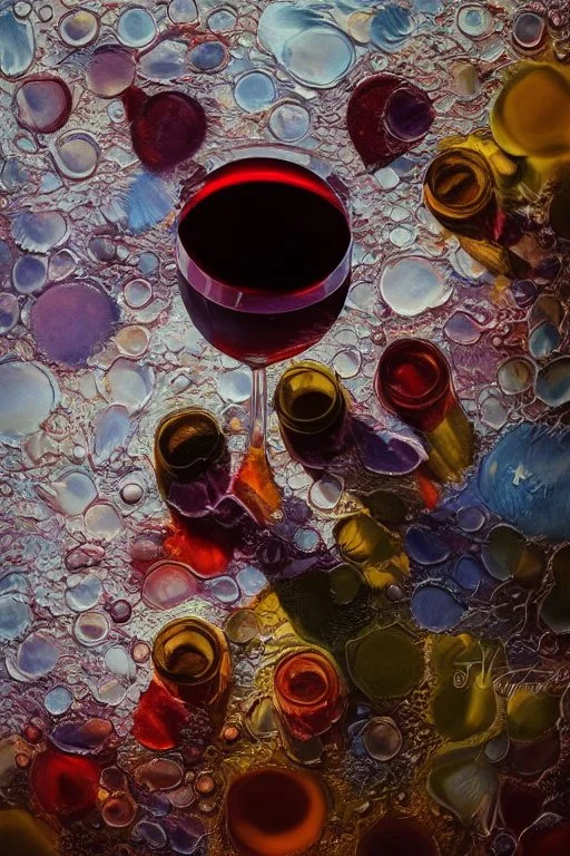 Wine drops from a fork looking down into a red wine glass in which a beautiful woman bathes on a modern kitchen counter, on embroidered lace, Hyper realistic, oil on canvas award winning fantastic view ultra detailed acrylic art Ultra realistic Impressionism Surrealism simen johan, sharp focus intricate oil on canvas cinematic lighting photorealistic high detail ultra detailed crisp quality in sunshine