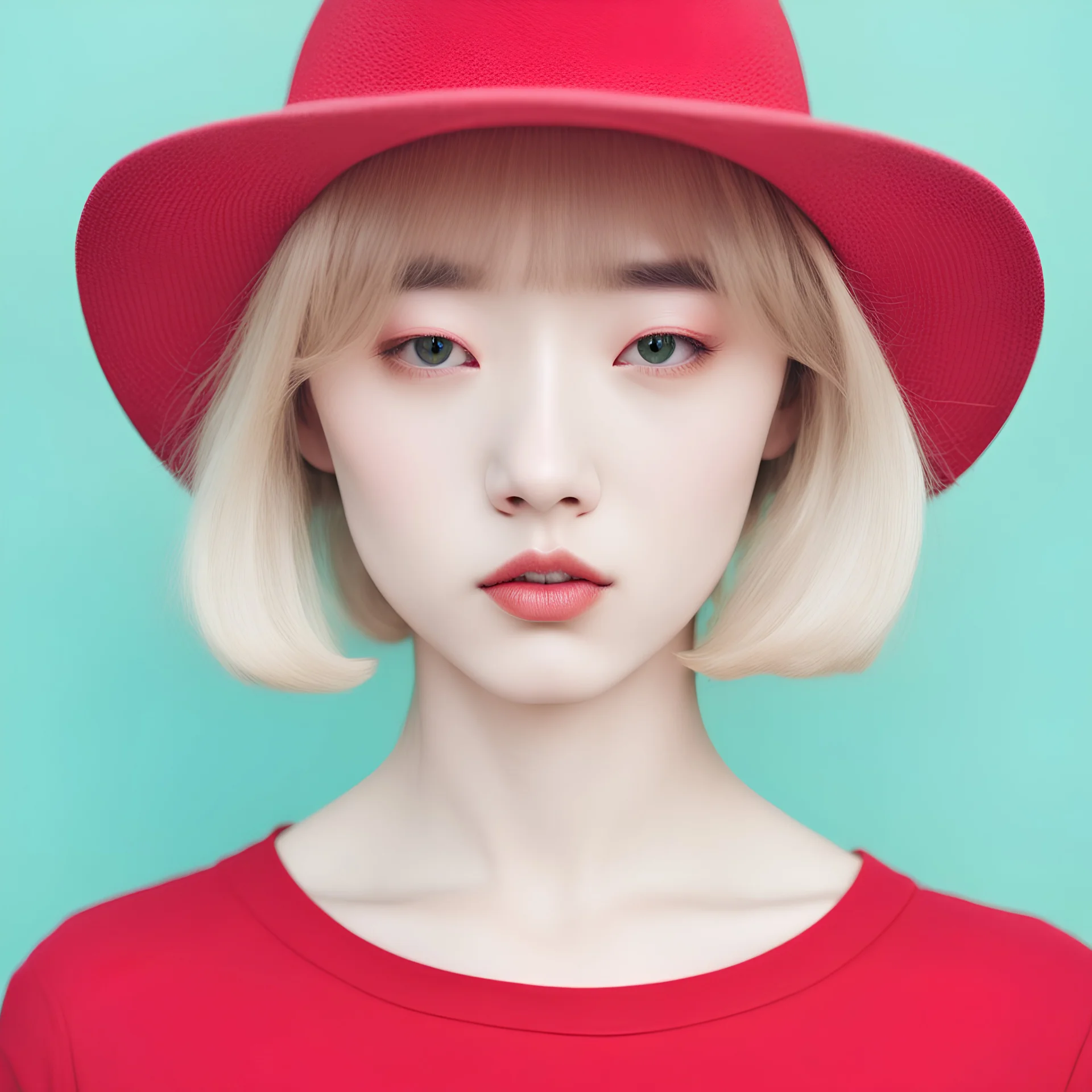 a close up of a person wearing a hat, by Ren Hang, aya takano color style, portrait a woman like reol, prominent rosy cheek bones, dressed in a [ [ 1 2 th century, luxury journal cover, a blond, viridian and venetian red, youth, twitter pfp, 19-year-old girl