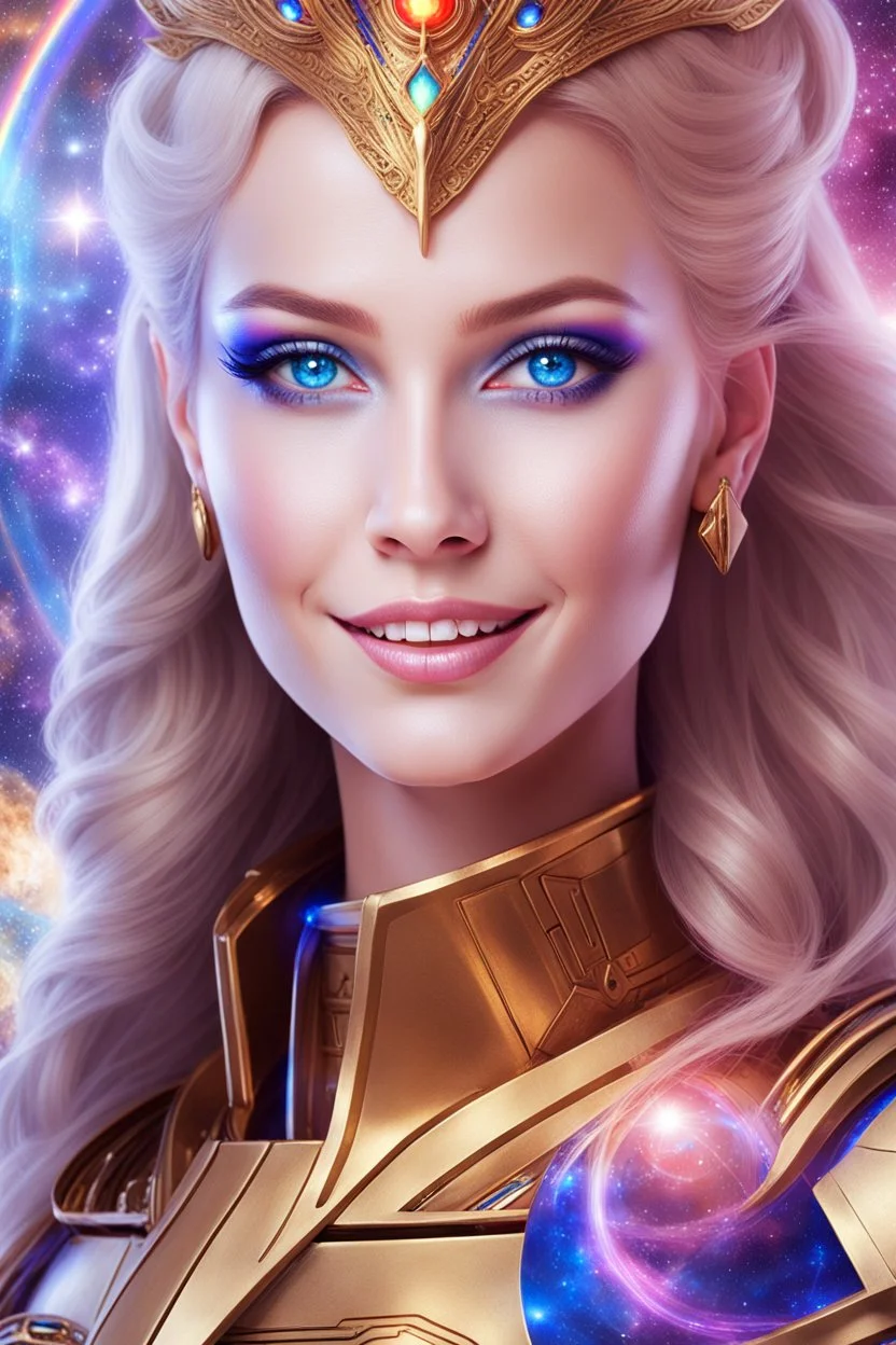 cosmic woman smile, admiral from the future, one fine whole face, crystalline skin, expressive blue eyes,rainbow, smiling lips, very nice smile, costume pleiadian, Beautiful tall woman pleiadian Galactic commander, ship, perfect datailed golden galactic suit, high rank, long blond hair, hand whit five perfect detailed finger, amazing big blue eyes, smilling mouth, high drfinition lips, cosmic happiness, bright colors, blue, pink, gold, jewels, realist, high,rainbow commander