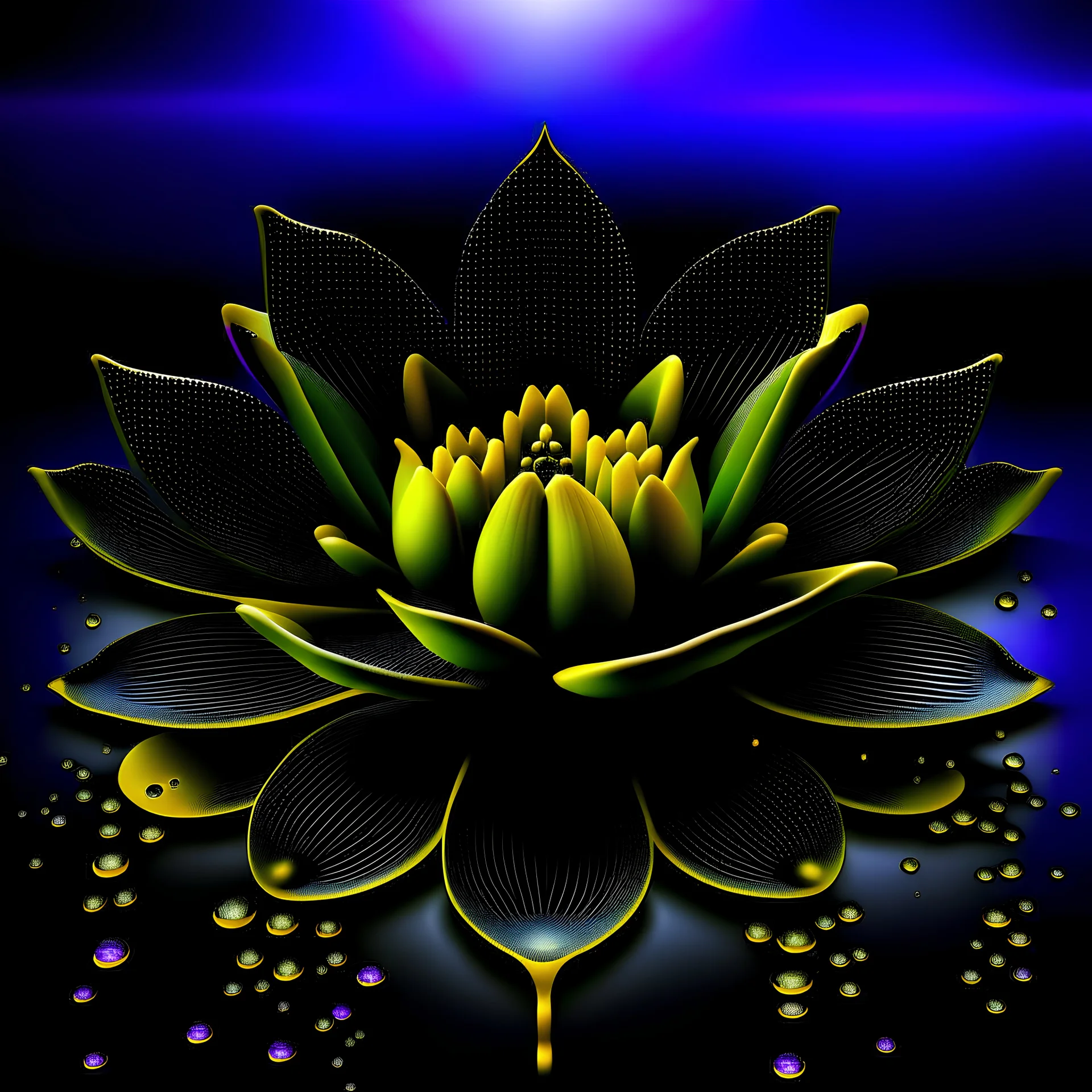 avatar picture, black lotus with gold drops on petals on purple water