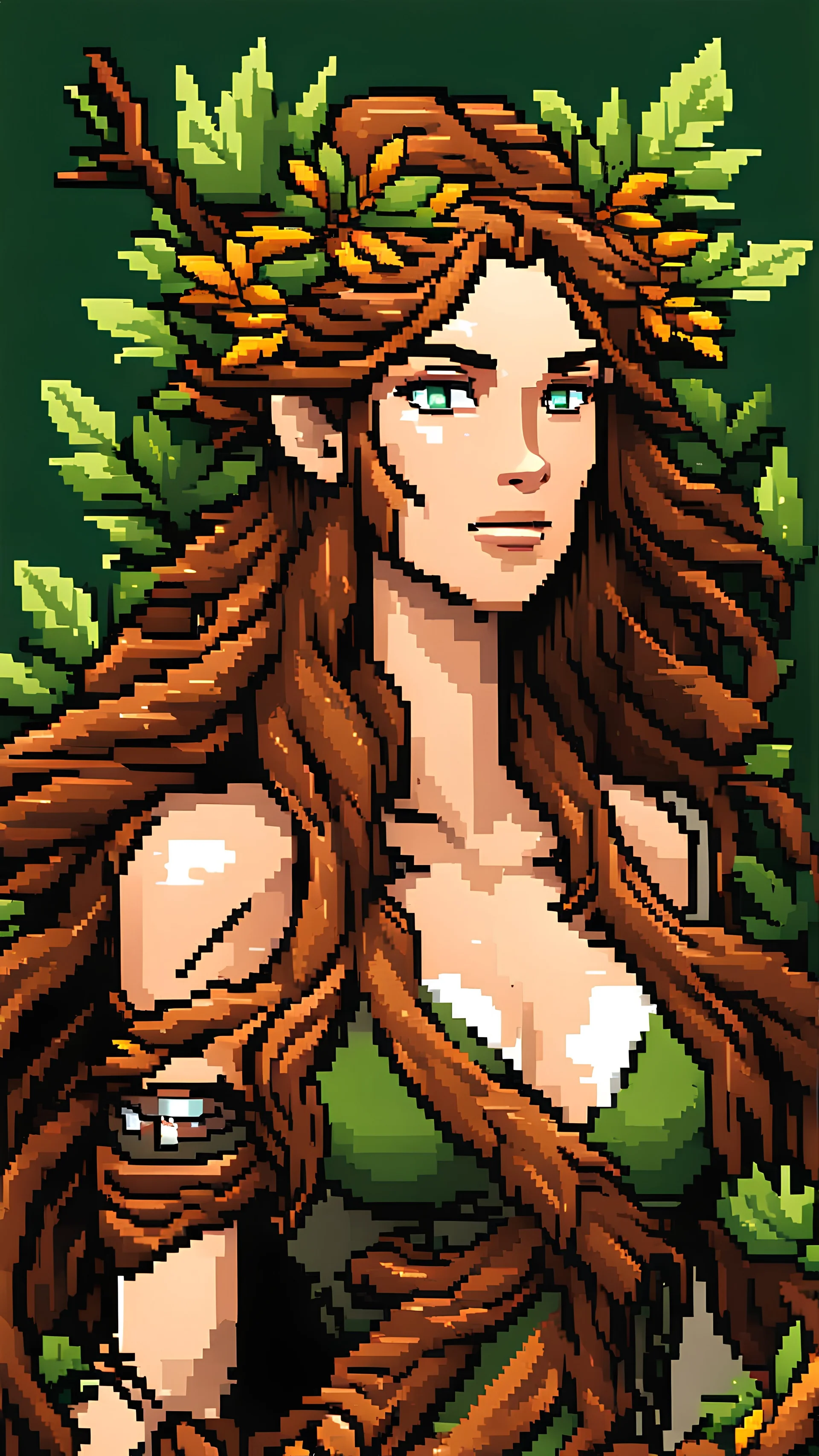 Pixel art sprite of female druid covered in leaves and branches. Long brown hair, green eyes