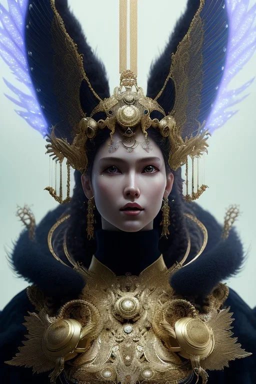 Detailed cosmic horror creature with wings, hair buns, bangs,bodysuit, intricate details, full body portrait, keep head in frame, slight smile, black Japanese motif, concept art, highly detailed, digital painting, concept art, sharp focus, illustration, art by Yoji Shinkawa, WLOP and greg rutkowski and alphonse mucha and artgerm and yanjun Chen and Junji ito and Makoto Shinkai, HDR, octane render, dark background