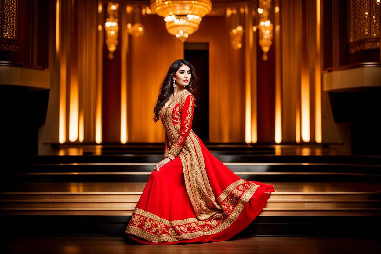 Artistic photography of a beautiful Azerbaijani woman with dark hair and expressive eyes. She is wearing an elegant, ornate red and gold traditional dress (Quba dress) and passionately playing the "Qopuz" (or "Tar"). The scene is set in a modern, luxurious concert hall with minimalist interior, warm wood panels, and dramatic golden lighting. The light glistens on the instrument and the fabric of her dress. Style: hyperrealistic, ultra detailed, 8k.