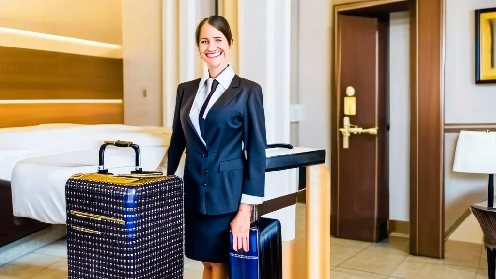 at hotel front desk representative holding suitcase behind back