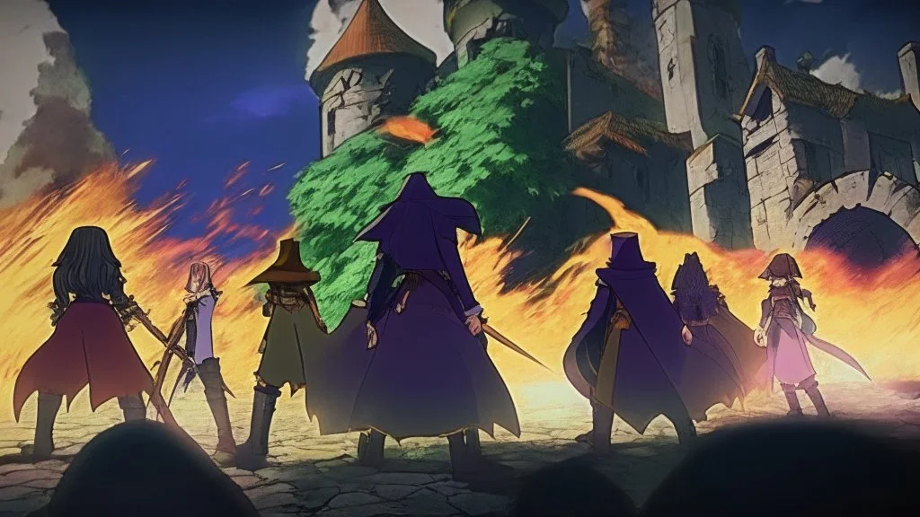 Adventurer party standing before a castle