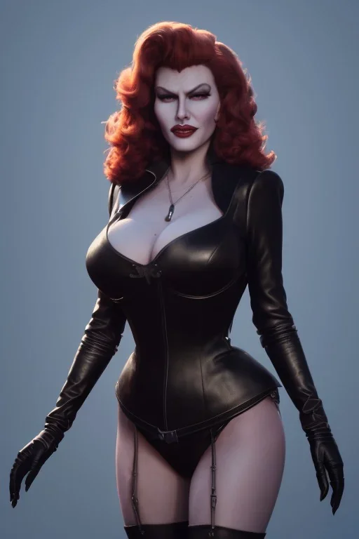 Rita Hayworth as evil queen in black leather, busty, cleavage, curvy, angry, stern look. character design by cory loftis, fenghua zhong, ryohei hase, ismail inceoglu and ruan jia. unreal engine 5, artistic lighting, highly detailed, photorealistic, fantasy