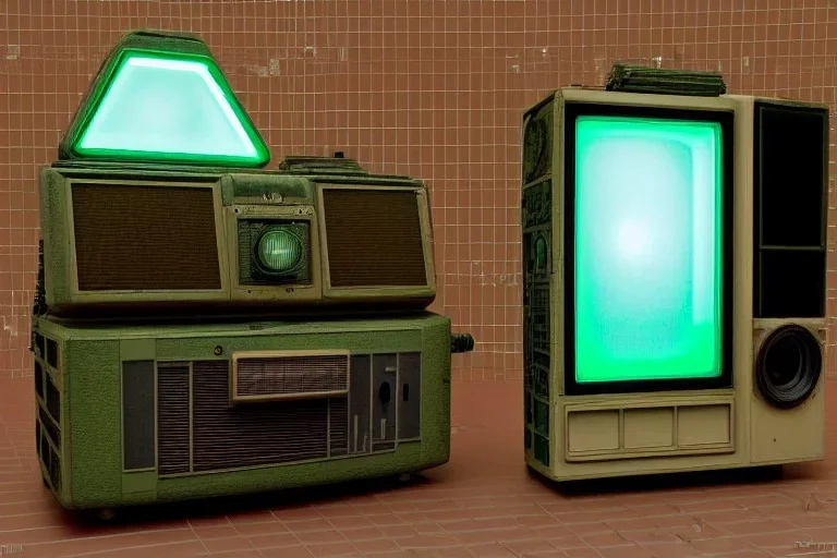 Photograph post-technological era, Bio-punk. Machine, creamy fake skin, old-camera-eyes, Abandoned. 3D-tiling on the adaptive background. Lightly armored. Nature overwhelmed city hall. Lay figure woman broken. Haute Couture 1990's. Light from right. Colors: army green, terracotta, brown and black. Old big television. AKG-style headphones, golden rings & disc. Logo. Thick tights. Thick calves. Curved fell. Wide hip. Dead city. No hairs! Materials: leather, wool, latex, glass