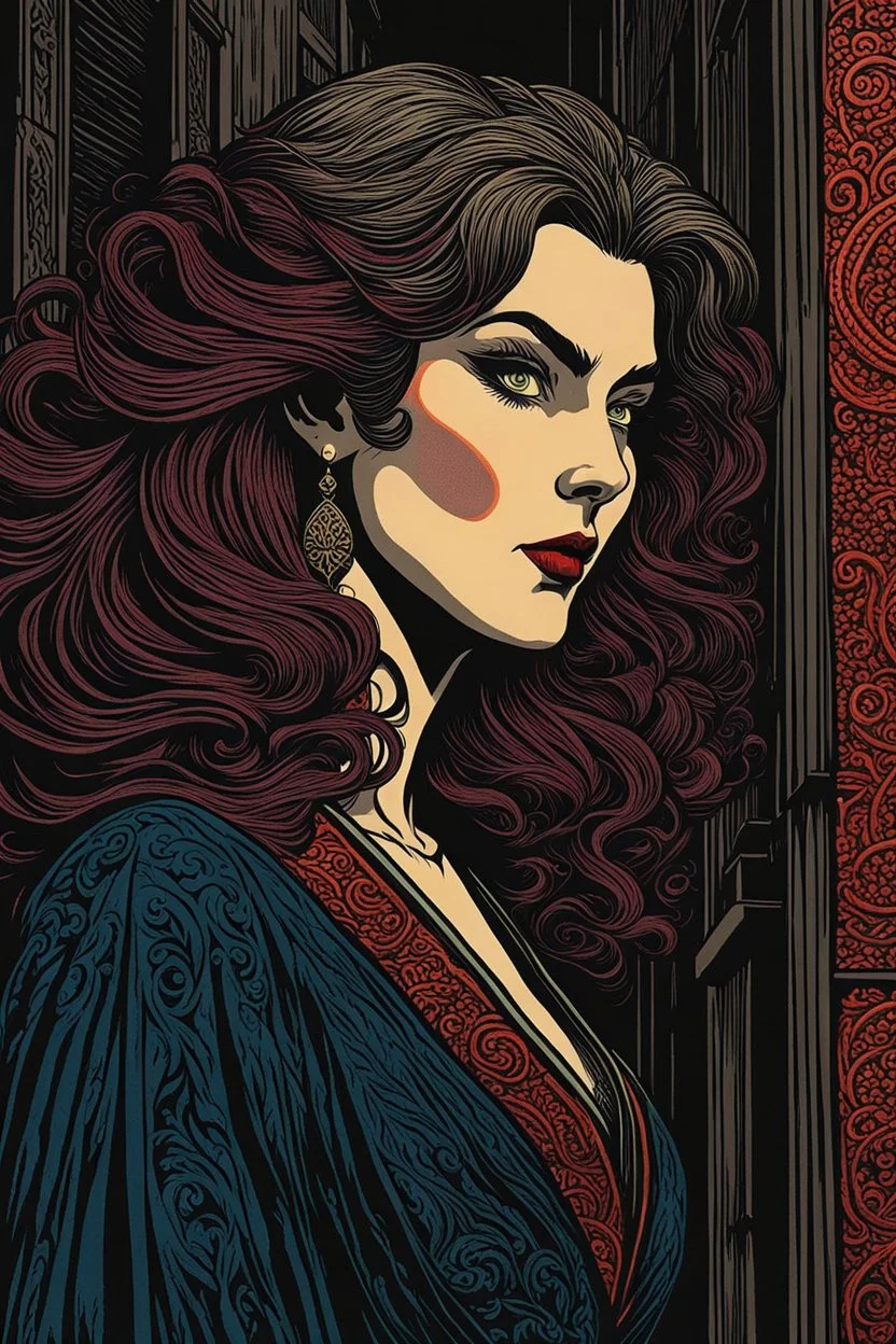 museum quality color woodcut of a Banu Haquim female vampire with highly detailed hair and facial features in the dark back alleys of Seattle, in the style of Gustave Baumann, with a fine art , graphic novel aesthetic, highly detailed, finely cut ,8k render,