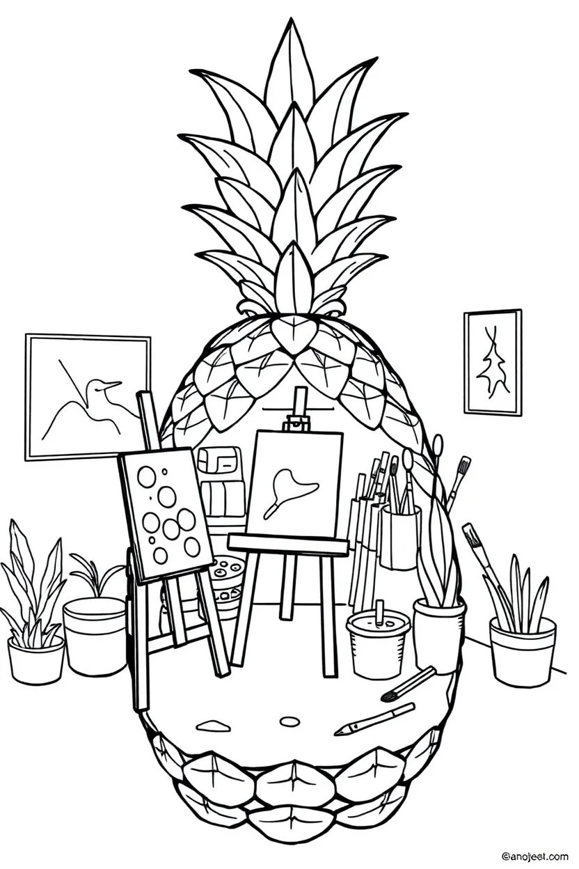 Pineapple Cozy Art Studio Coloring Page: A pineapple cross-section displaying an art studio. Features an easel, paint palettes, brushes, and artworks hung on the walls.