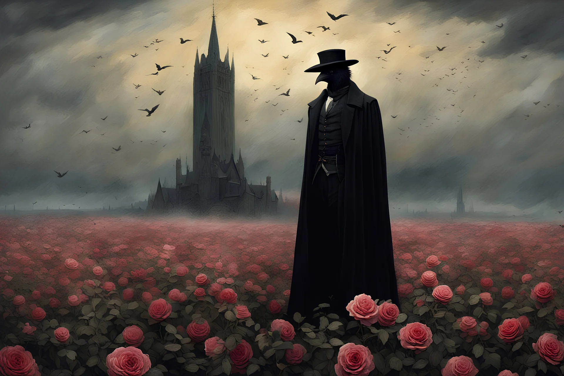 Sir Crow to the Dark Tower came, standing in a proliferous field of faded roses, style Caspar David Friedrich