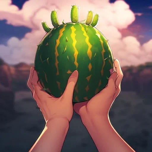 anime real life like cactus in the desert in arizona, grand canyon,anime, storm clouds in the background, prickly cactus. in her hands. thumb and four fingers, focus on detail life like hands