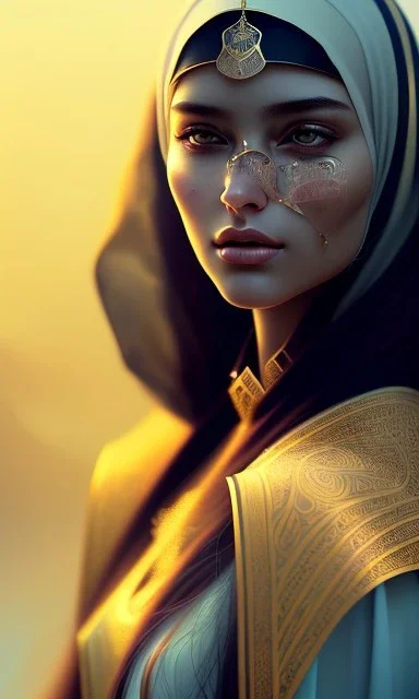 Arab young woman , cute, beautiful, long hair, wavy hair, black eyes,A tuft of hair on the face,Arab cloak، head and shoulders portrait, cinematic, 8k, resolution concept art portrait by Greg Rutkowski, Artgerm, WLOP, Alphonse Mucha dynamic lighting hyperdetailed intricately detailed