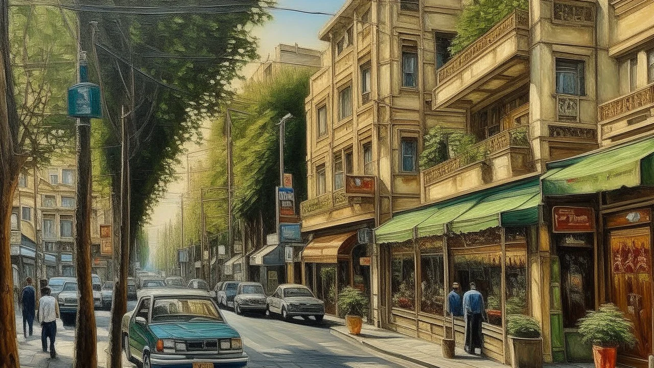 a modern street in Tehran with cafe shops. oil painting