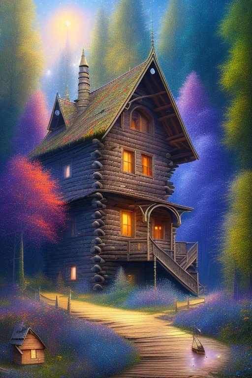 sharp focus, fine detail, romanticism, mystical forest, wooden cabin, Neo-Impressionism, mystical, purple blue yellow silver teal black olive azure, red, pink, brown, flowers,