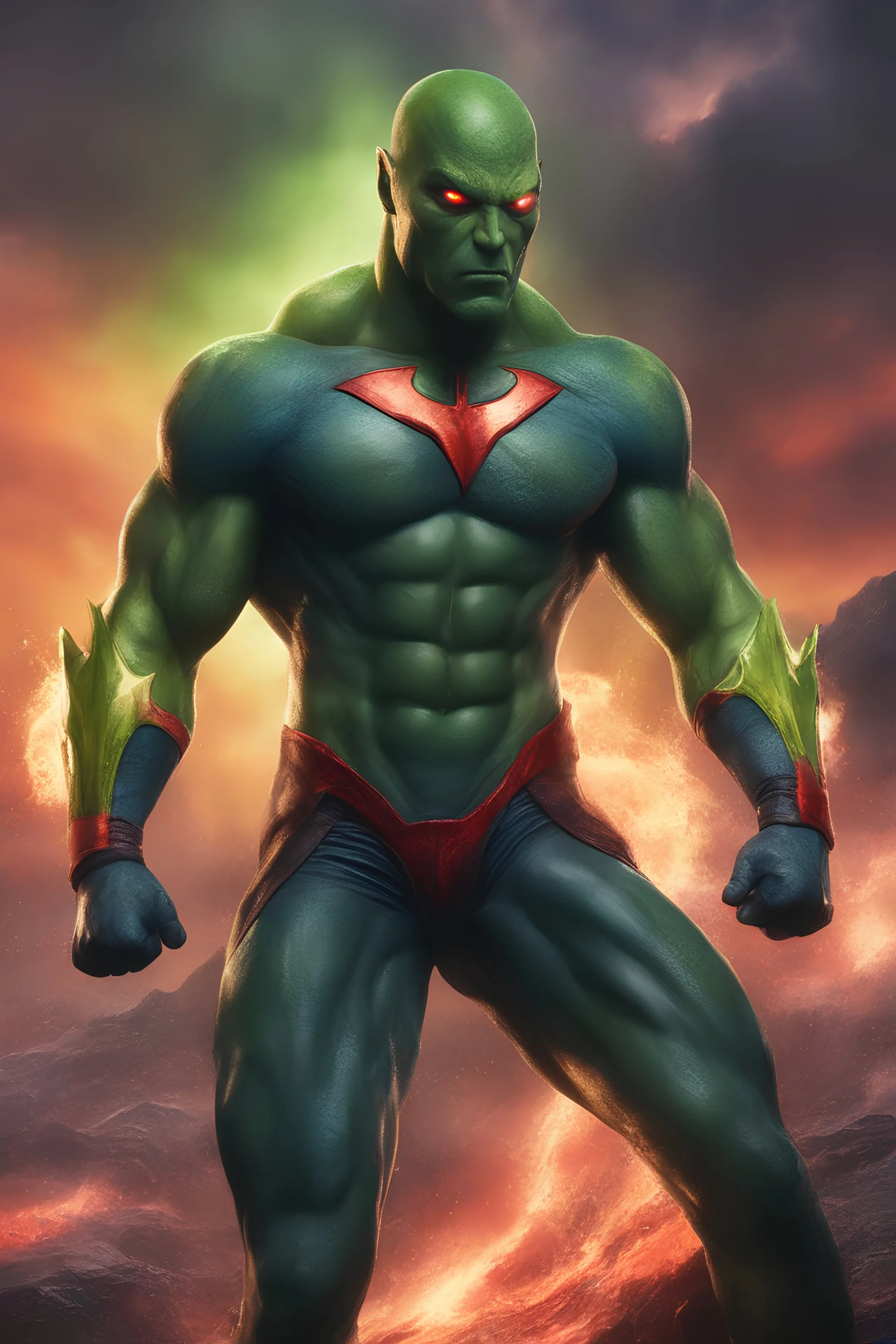 Martian Manhunter, Strong, athletic physique, action poses, battle scars, blood, foggy, cloudy background, multicolored lightning, flowing lava, Full Eclipse, aliens, explosions, bright, vibrant, extremely colorful, detailed, blood red skies. Mechanical v3.1, Botany v3, HDR v3, Whimsical v3, Festive v3, Horror v3, Dark Fantasy v3, Dreamland v3,