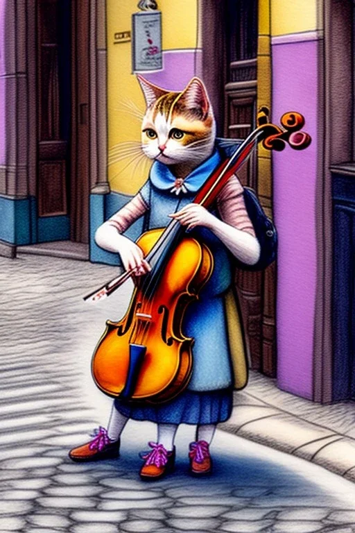 One single female cat playing violin on the street, Vienna, colours, smiling, model style, perfect iris, perfect violin, hyper realistic, extremely accurate, delicate, extremely detailed, Graphic novel style, wide-angle, open aperture, superfine pencil